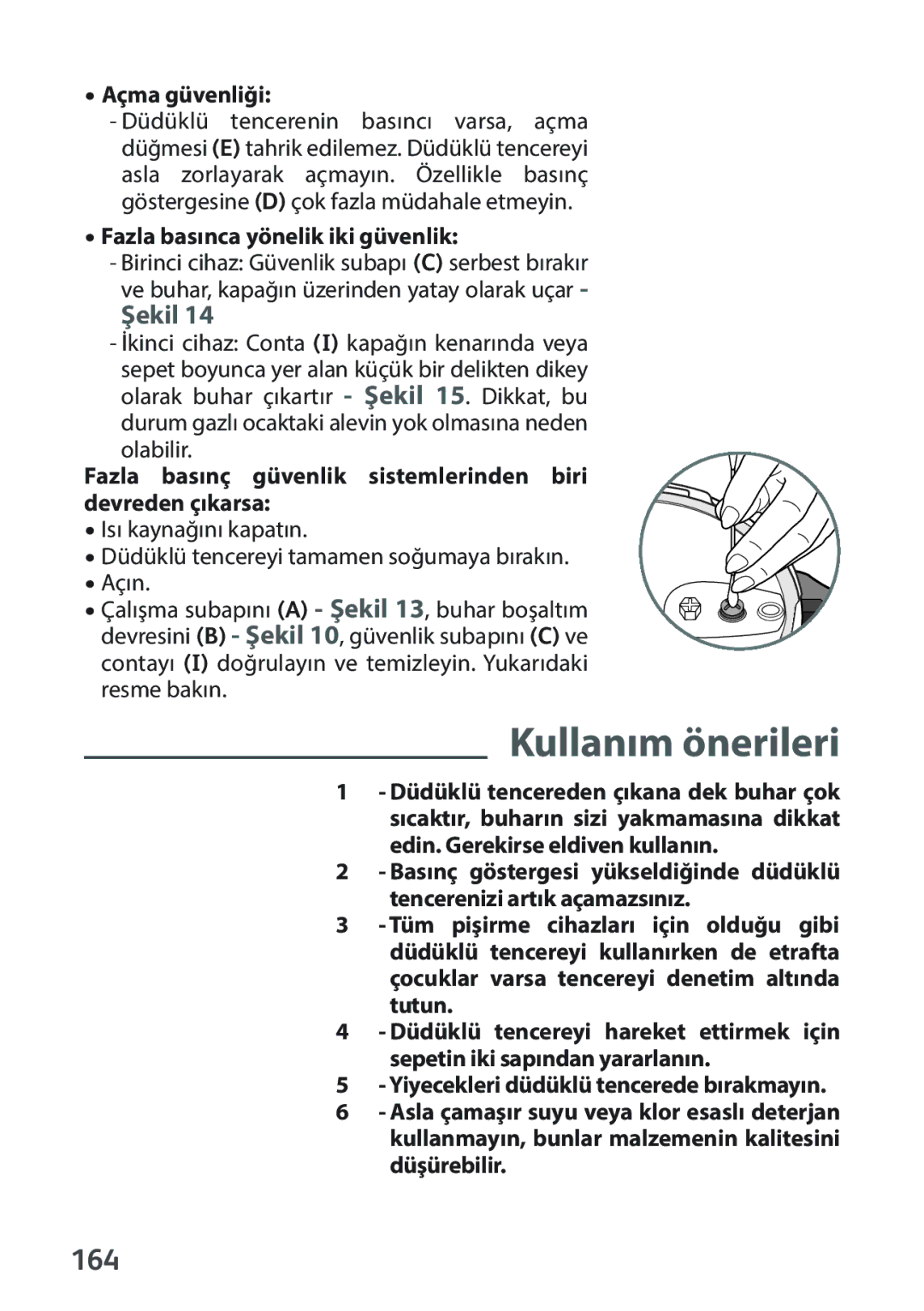 Tefal P2634631 manual 164, Açma güvenliği, Fazla basınca yönelik iki güvenlik 