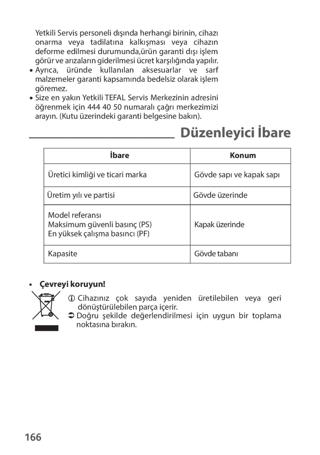 Tefal P2634631 manual 166, İbare Konum, Çevreyi koruyun 