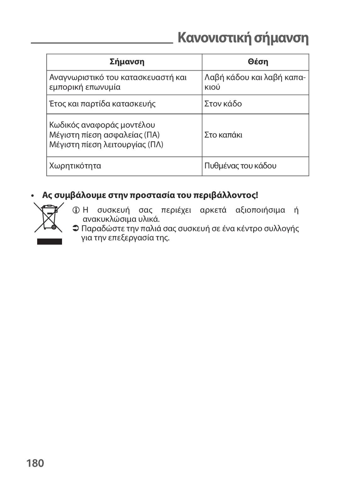 Tefal P2634631 manual 180, Σήμανση Θέση, Αναγνωριστικό του κατασκευαστή και, Ας συμβάλουμε στην προστασία του περιβάλλοντος 