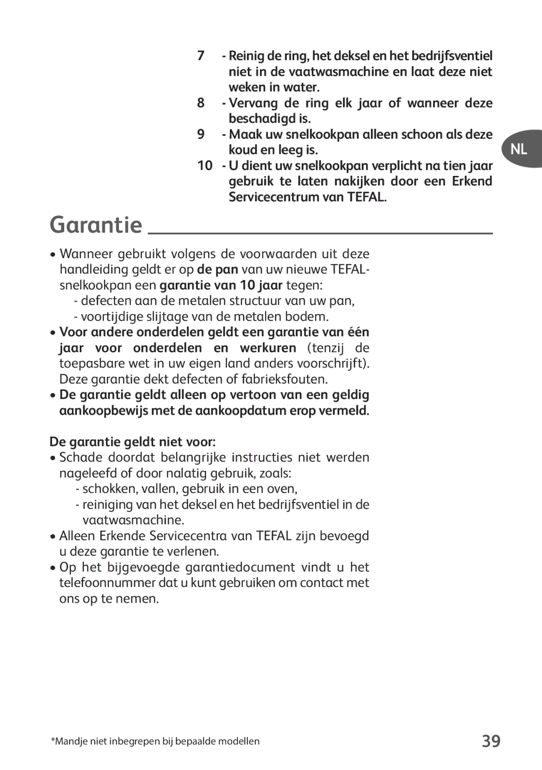 Tefal P2634631 manual Garantie, De garantie geldt niet voor 