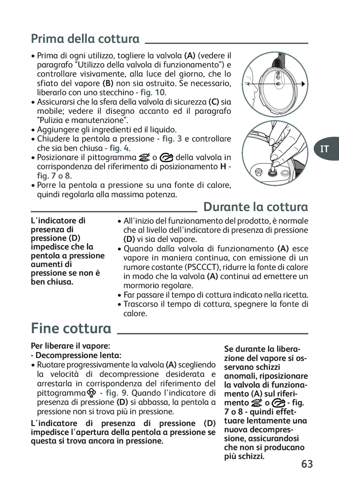 Tefal P2634631 manual Fine cottura, Prima della cottura, Durante la cottura, Per liberare il vapore Decompressione lenta 