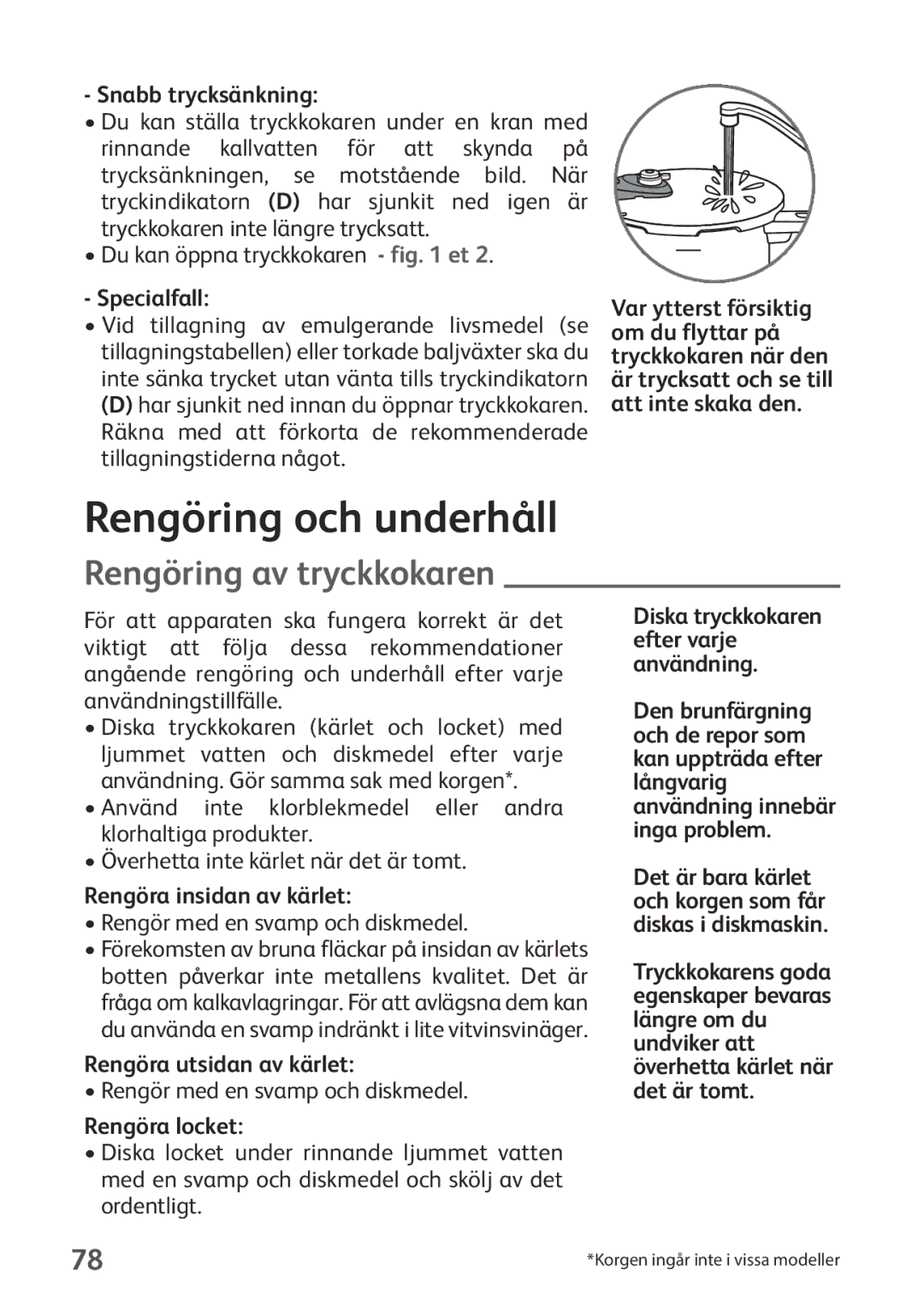 Tefal P2634631 manual Rengöring och underhåll, Rengöring av tryckkokaren 