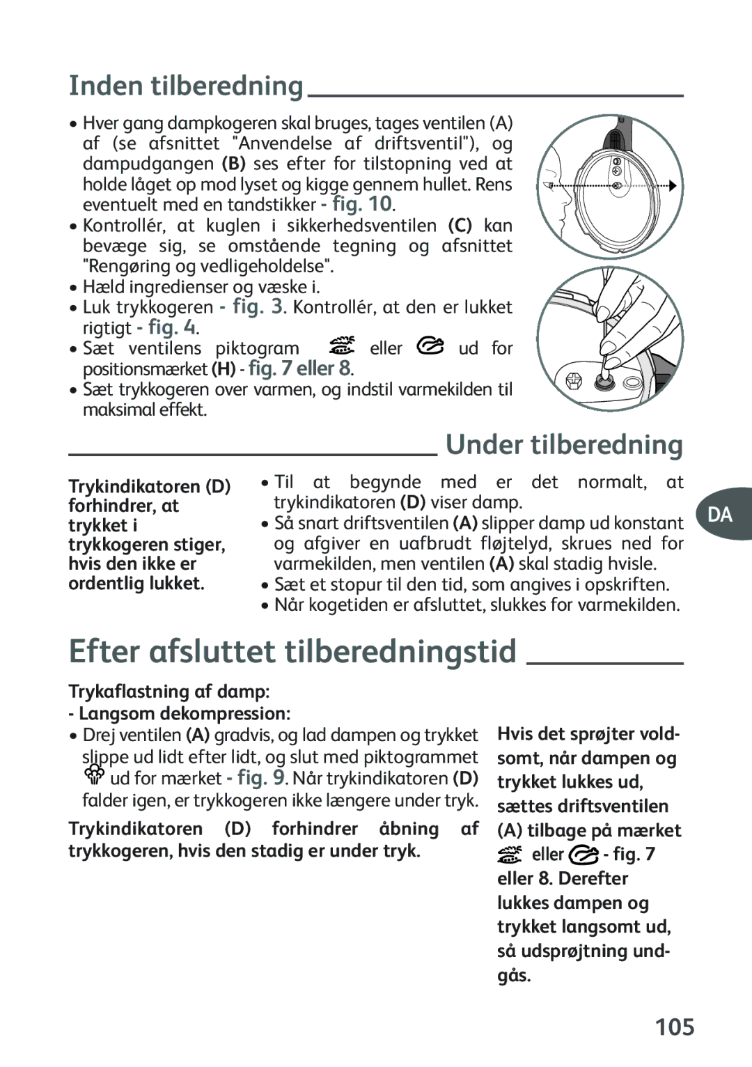 Tefal P2634631 manual Efter afsluttet tilberedningstid, Inden tilberedning, Under tilberedning, 105 