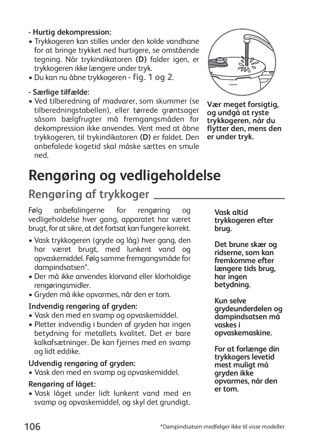 Tefal P2634631 manual Rengøring og vedligeholdelse, Rengøring af trykkoger, 106 