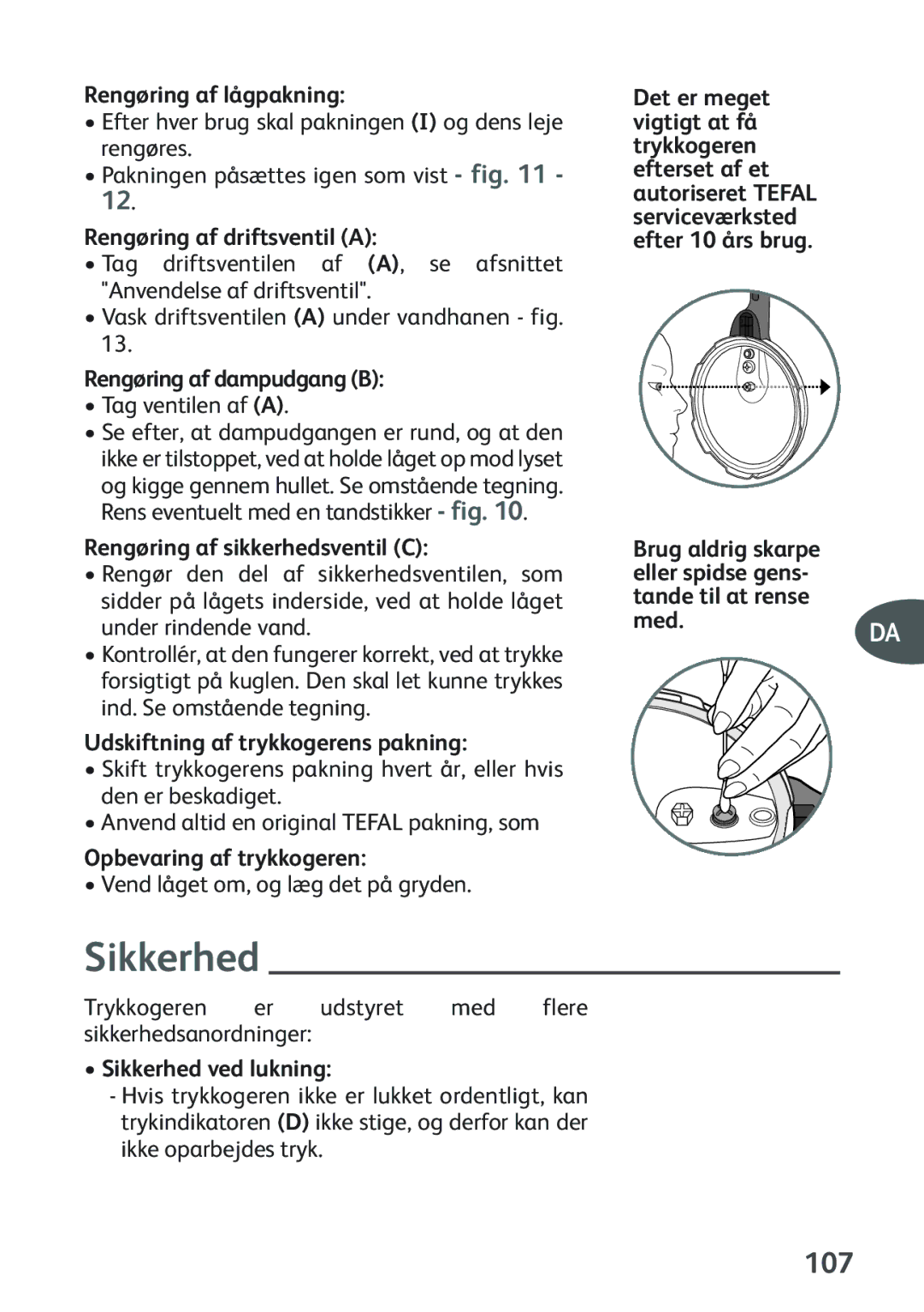 Tefal P2634631 manual Sikkerhed, 107 