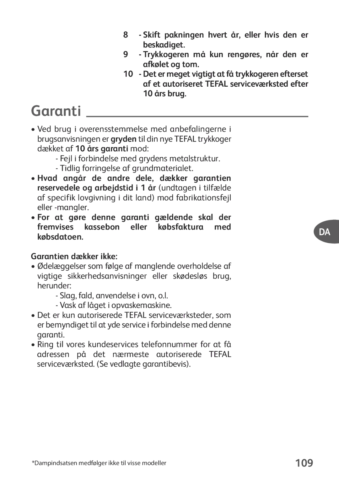 Tefal P2634631 manual 109, Hvad angår de andre dele, dækker garantien 