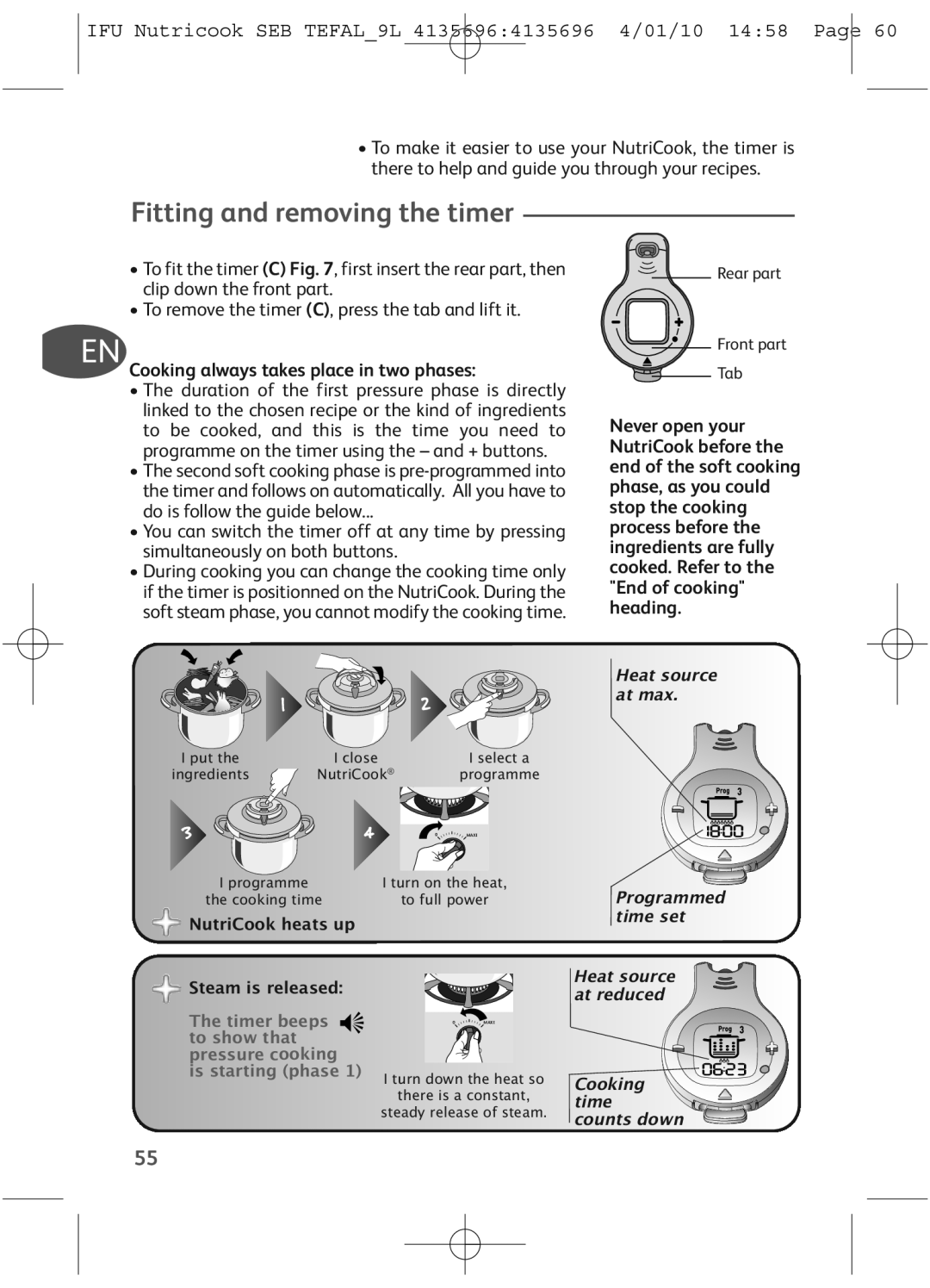 Tefal P4221431 manual Fitting and removing the timer, Cooking always takes place in two phases, Rear part Front part Tab 