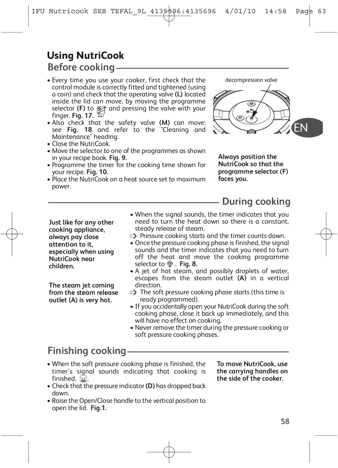 Tefal P4221435, P4221440, P4221438 manual Using NutriCook, Before cooking, During cooking, Finishing cooking, Selector F to 