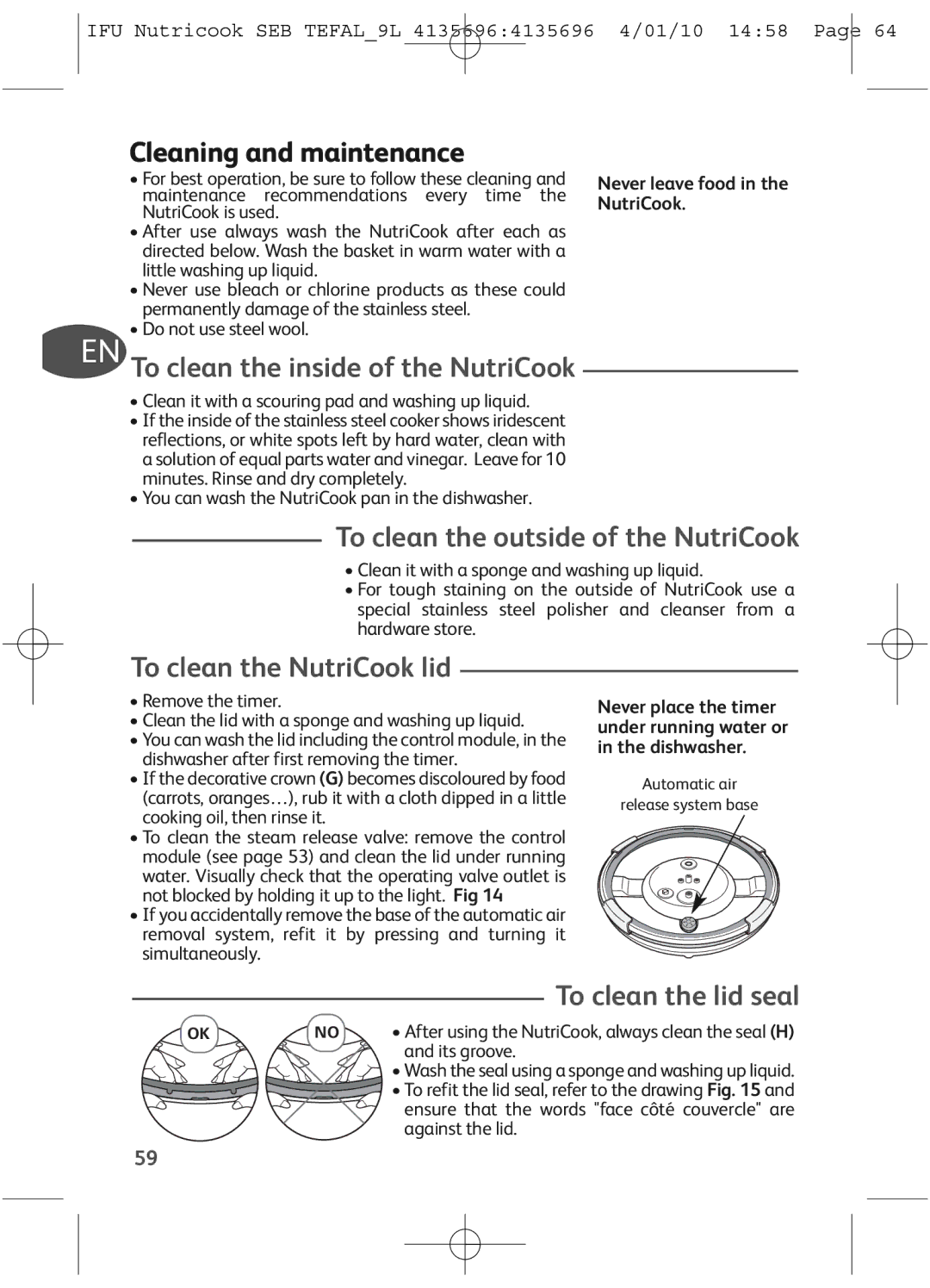 Tefal P4221437, P4221440 manual Cleaning and maintenance, To clean the outside of the NutriCook, To clean the NutriCook lid 