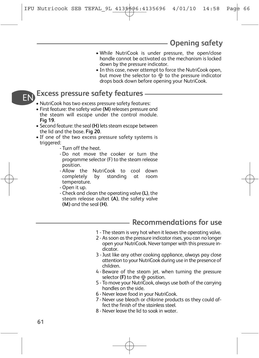 Tefal P4221440, P4221438, P42214.99 Opening safety, EN Excess pressure safety features, Recommendations for use, Seal H 