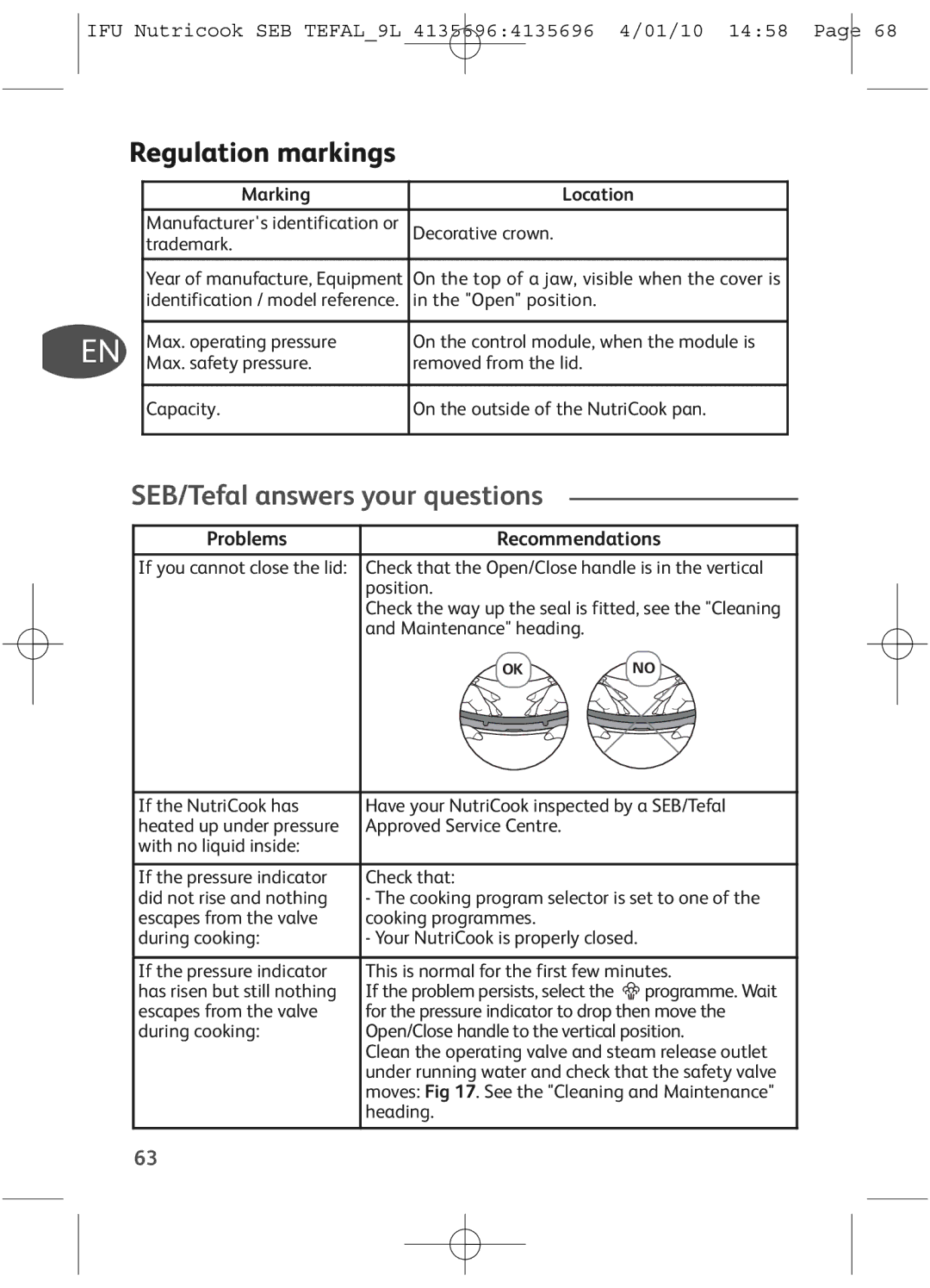 Tefal P42214.99 manual Regulation markings, SEB/Tefal answers your questions, Problems Recommendations, Marking Location 