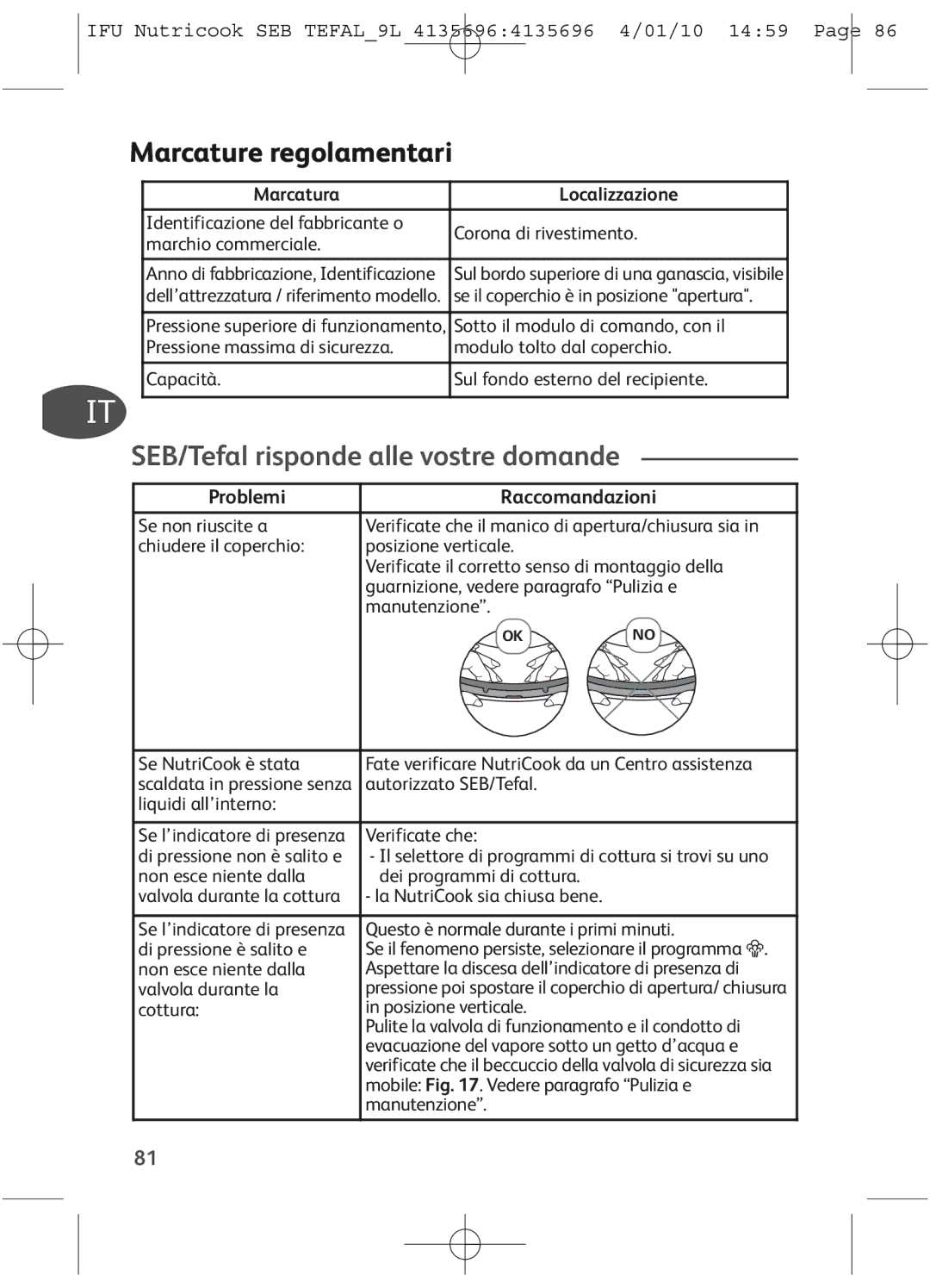 Tefal P4221440, P4221438 manual Marcature regolamentari, SEB/Tefal risponde alle vostre domande, Problemi Raccomandazioni 