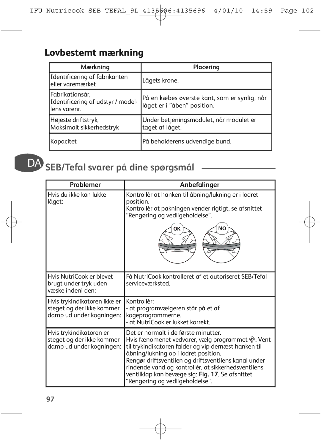 Tefal P4221432 Lovbestemt mærkning, DA SEB/Tefal svarer på dine spørgsmål, Problemer Anbefalinger, Mærkning Placering 