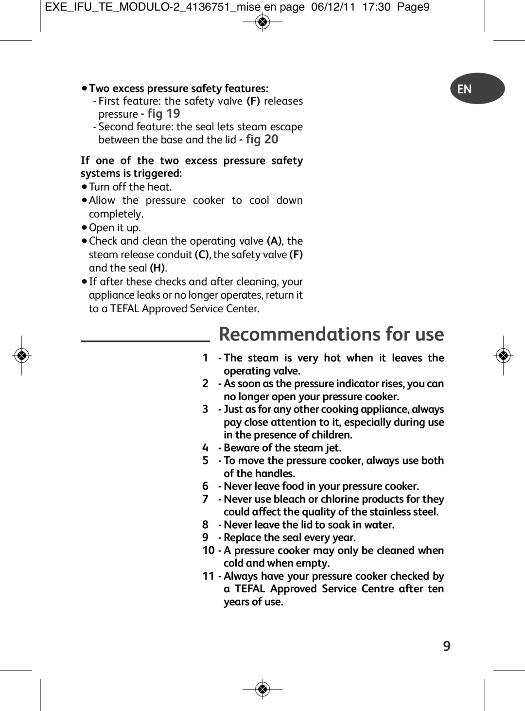 Tefal P4281466, P4281464, P4281463, P4281465, P4281462 Recommendations for use, Two excess pressure safety features, Seal H 