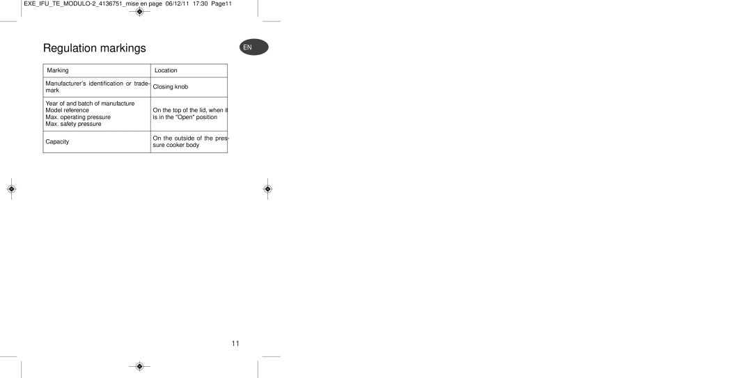 Tefal P4281465, P4281464 Regulation markings, EXEIFUTEMODULO-24136751mise en page 06/12/11 1730 Page11, Marking Location 