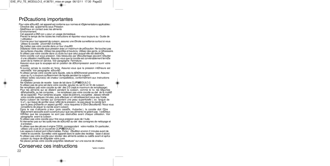 Tefal P4281462, P4281464, P4281466, P4281463, P4281465 manual Précautions importantes, Conservez ces instructions 