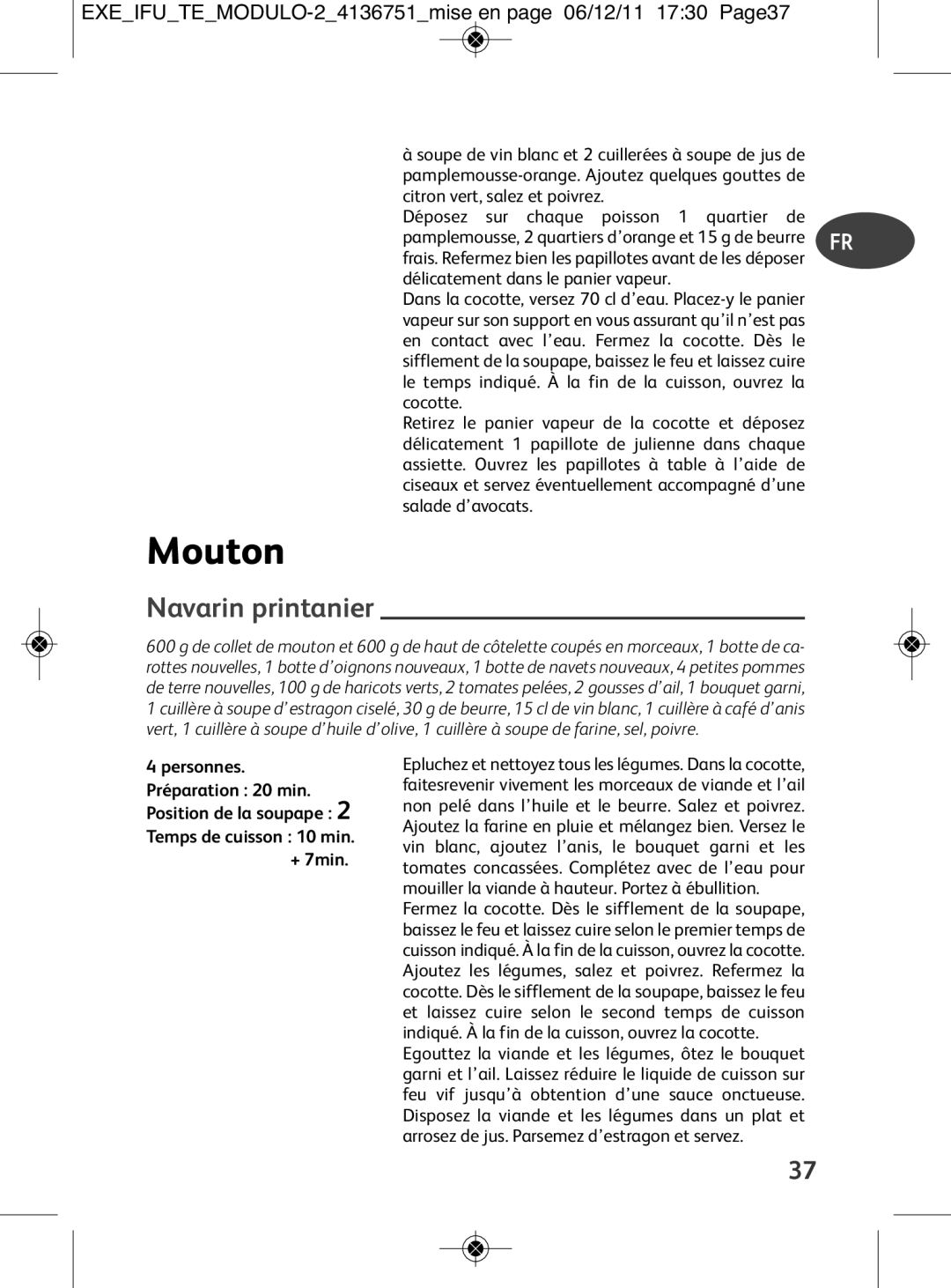 Tefal P4281462, P4281464, P4281466 Mouton, Navarin printanier, EXEIFUTEMODULO-24136751mise en page 06/12/11 1730 Page37 