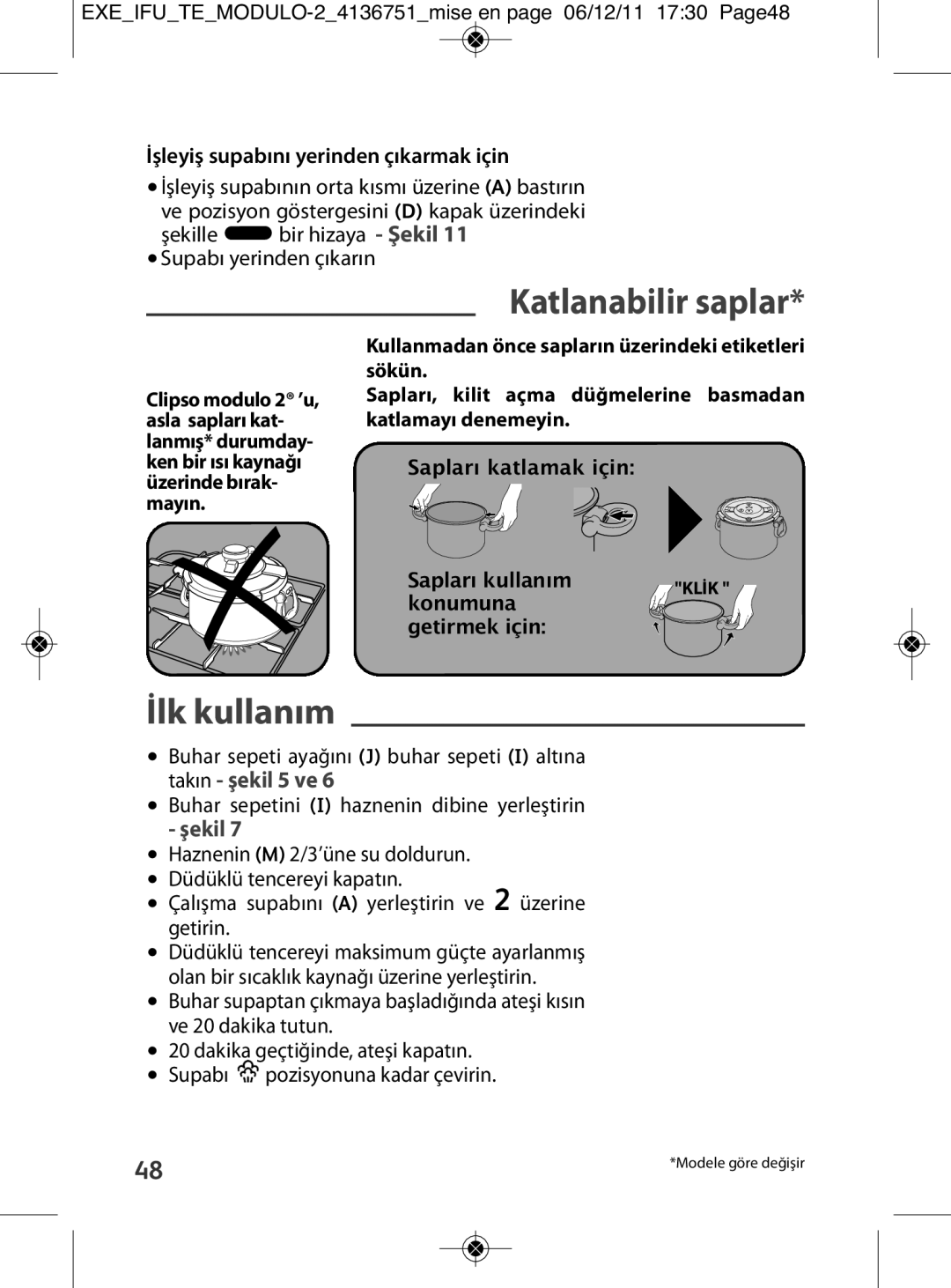 Tefal P4281464, P4281466 manual Katlanabilir saplar, İlk kullanım, EXEIFUTEMODULO-24136751mise en page 06/12/11 1730 Page48 