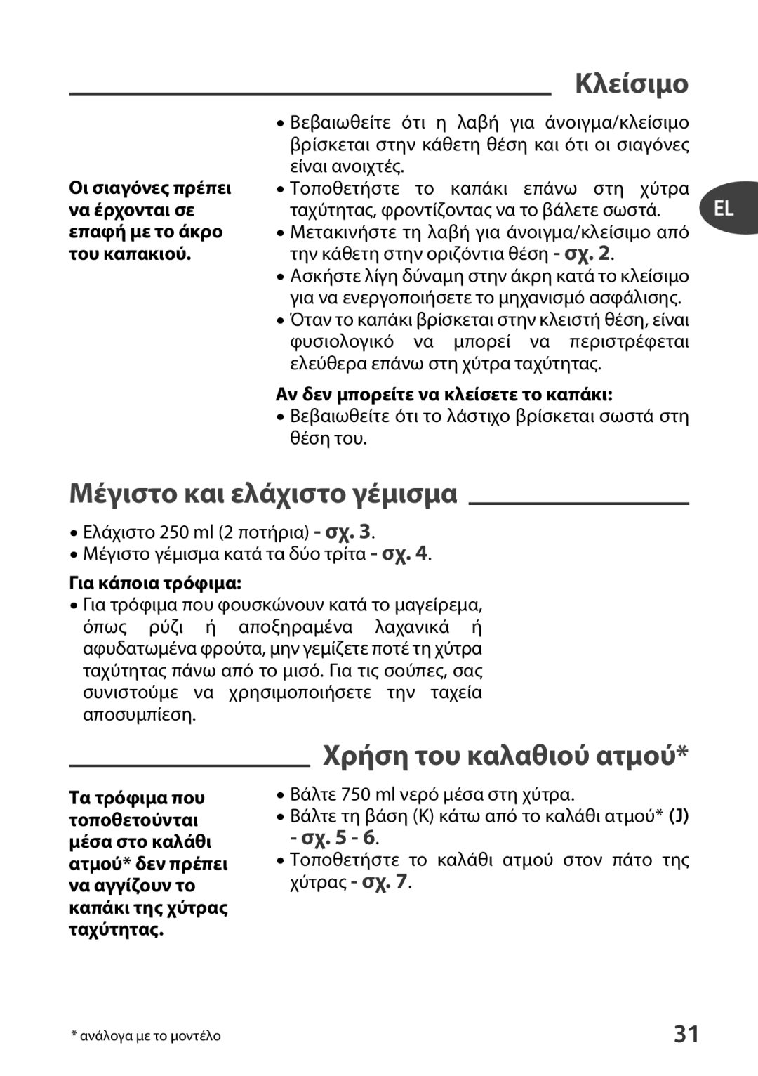 Tefal P4371462, P4371461, P4371463, P4371466 manual Κλείσιμο, Μέγιστο και ελάχιστο γέμισμα, Χρήση του καλαθιού ατμού 