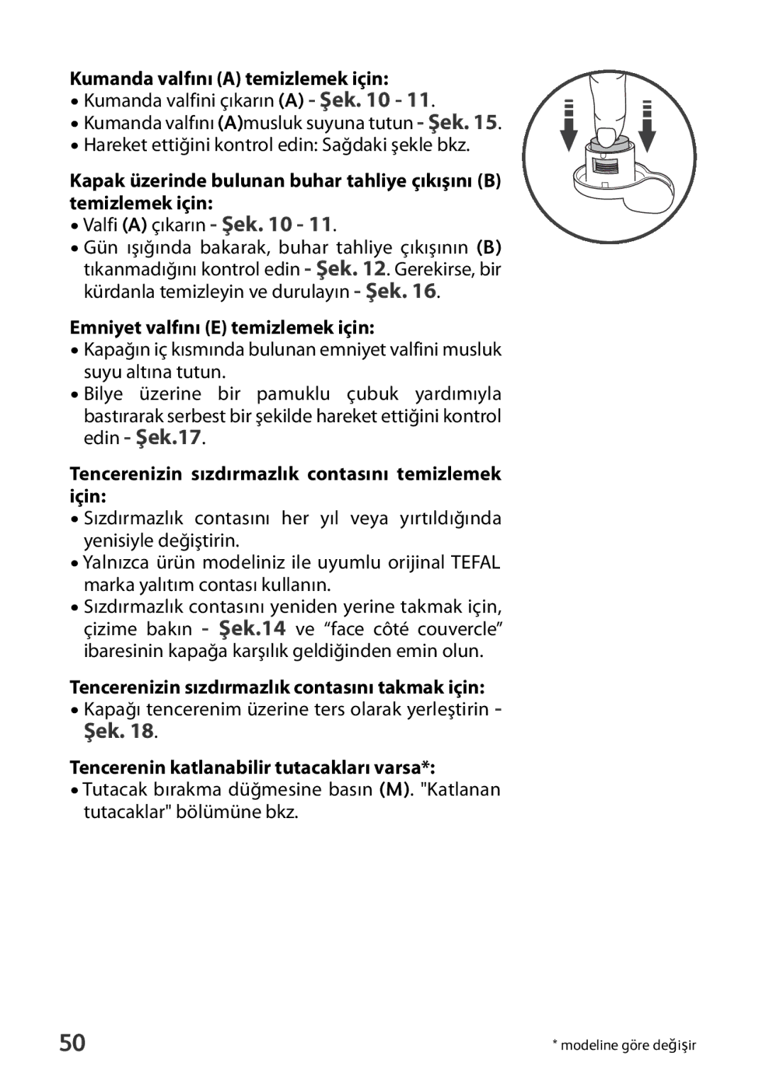 Tefal P4371466, P4371461, P4371463, P4371462 manual Kumanda valfını a temizlemek için, Emniyet valfını E temizlemek için 