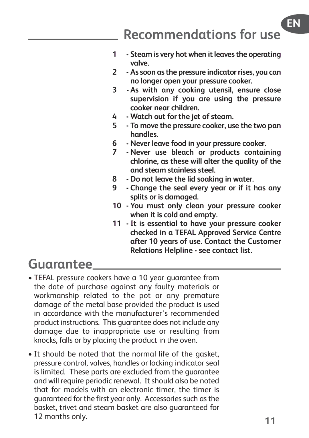 Tefal P4394835, P4394831 manual Recommendations for use, Guarantee, Steam is very hot when it leaves the operating valve 