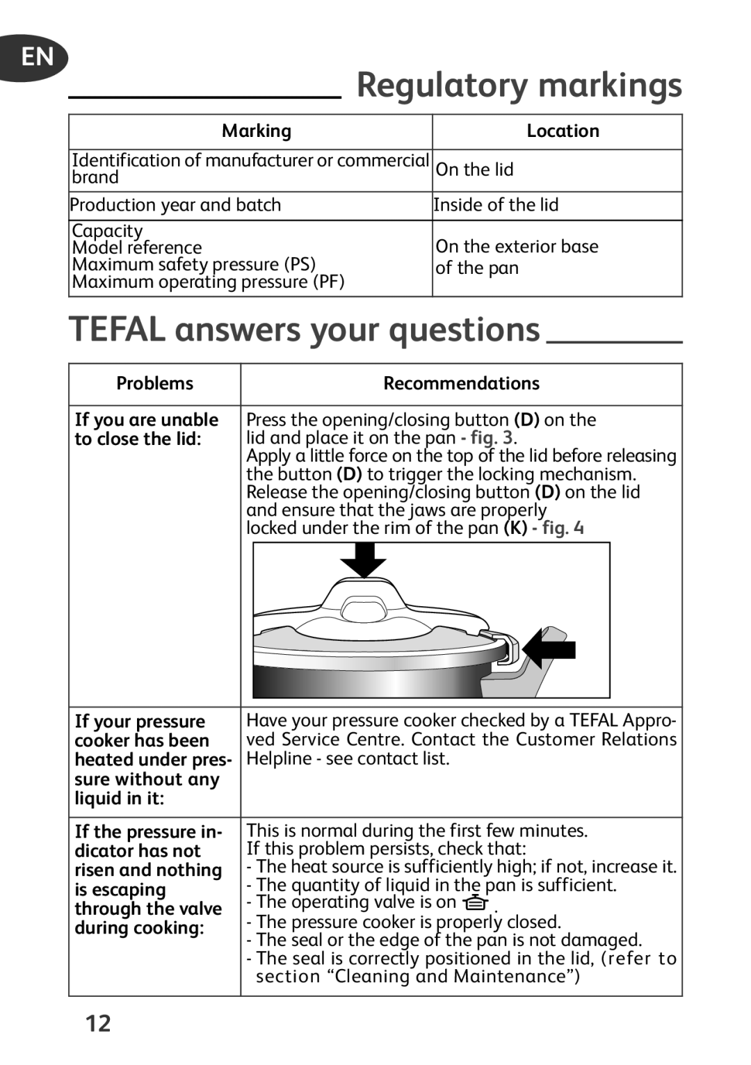 Tefal P4394831, P4394835 Marking Location, Problems Recommendations, To close the lid, If your pressure, Cooker has been 