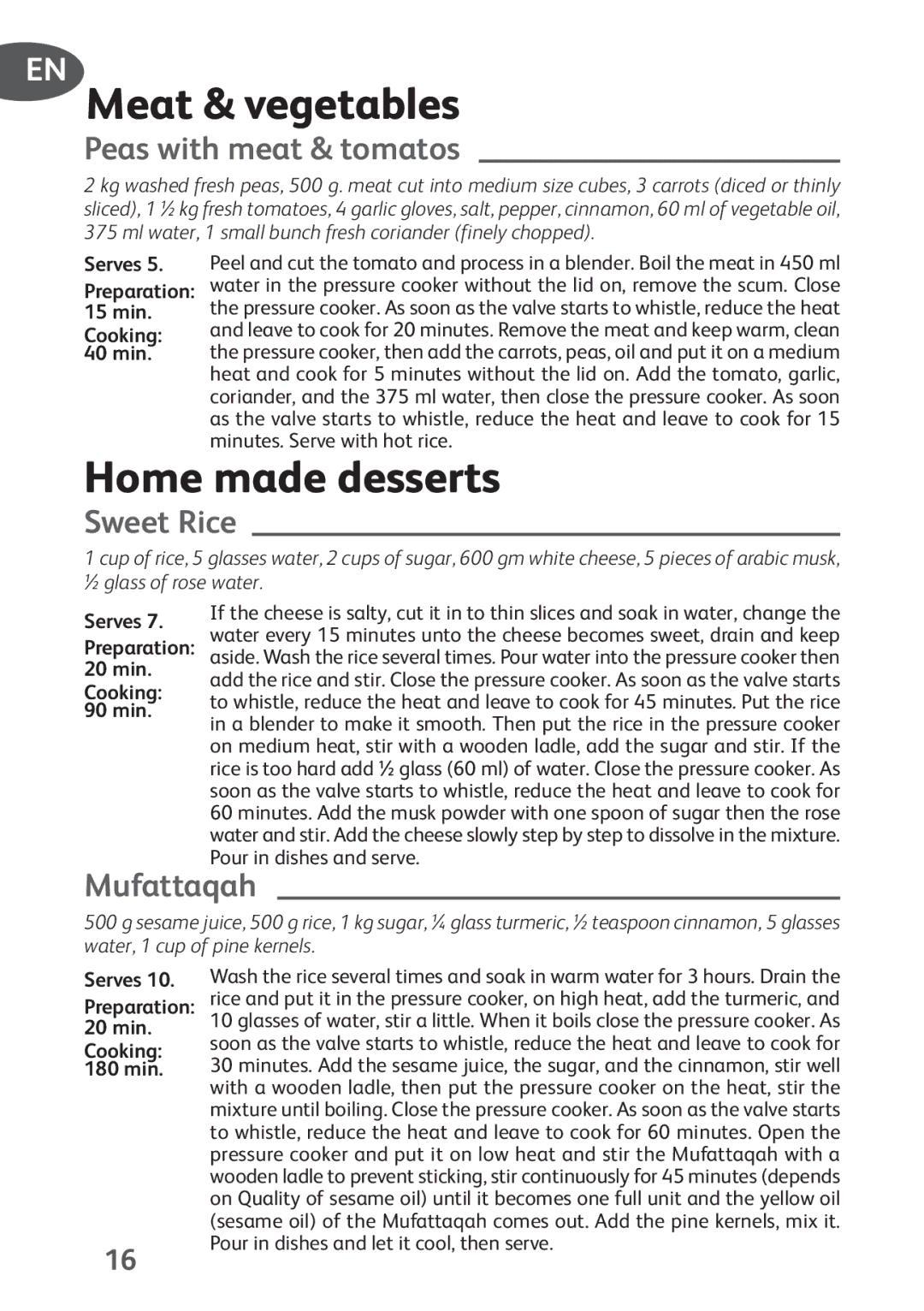 Tefal P4394831, P4394835 manual Meat & vegetables, Home made desserts 