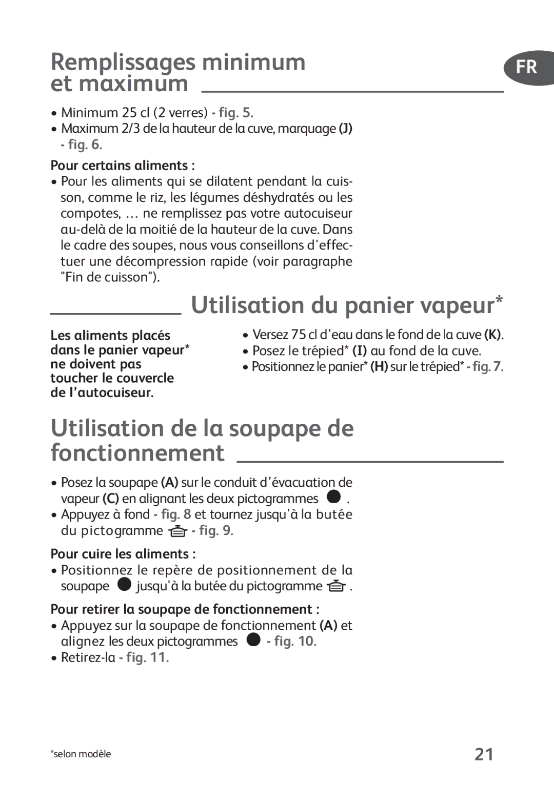 Tefal P4394835 Remplissages minimum et maximum, Utilisation du panier vapeur, Utilisation de la soupape de fonctionnement 