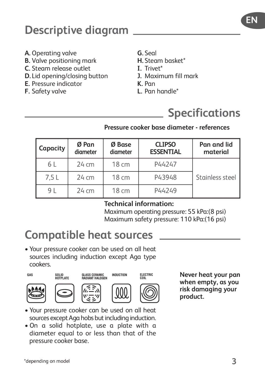 Tefal P4394835 Descriptive diagram, Specifications, Compatible heat sources, Pressure cooker base diameter references 