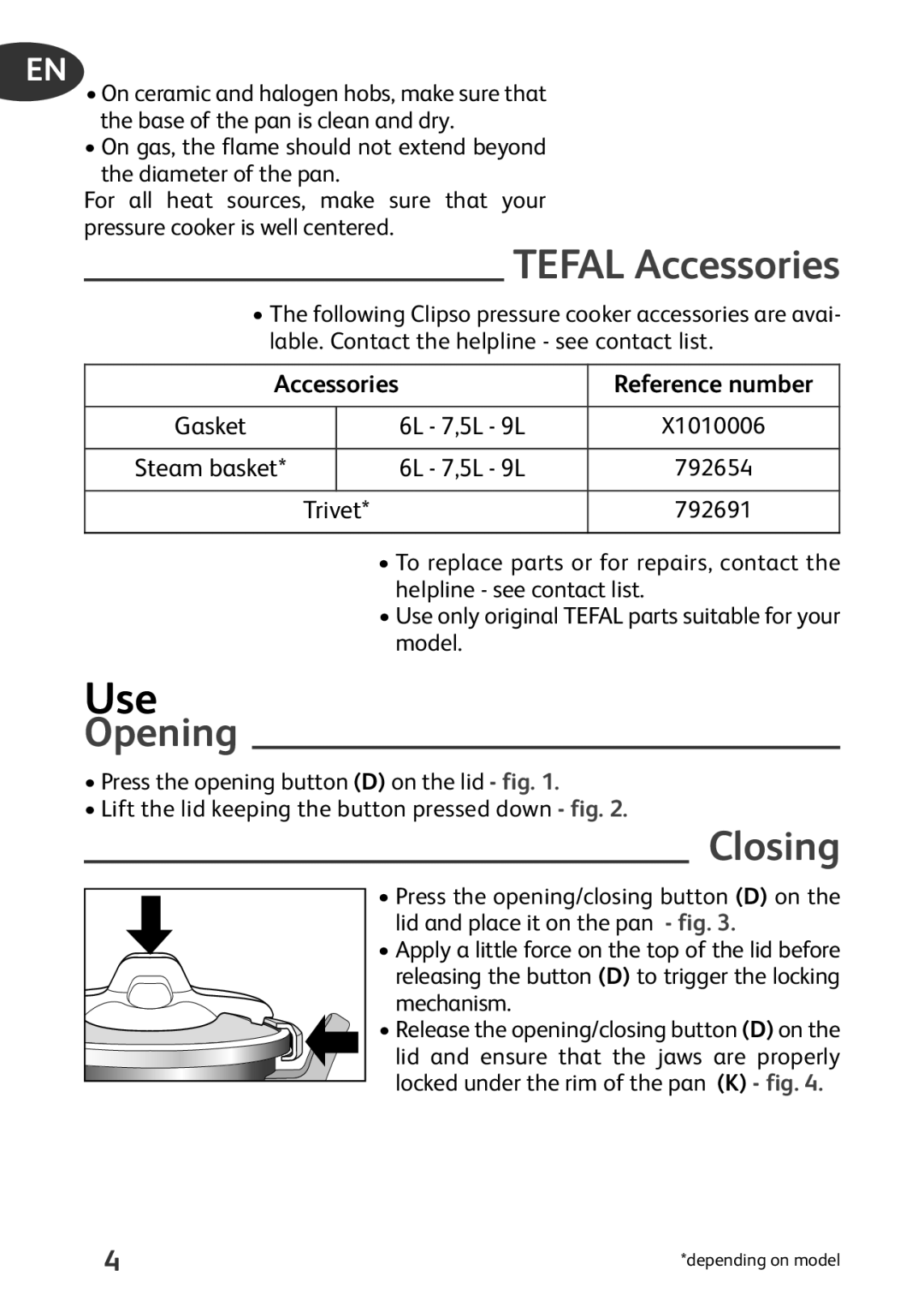 Tefal P4394831, P4394835 manual Use, Tefal Accessories, Opening, Closing, Reference number 