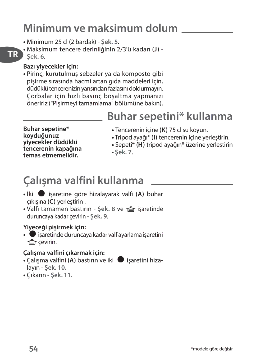 Tefal P4394831, P4394835 manual Minimum ve maksimum dolum, Buhar sepetini* kullanma, Çalışma valfini kullanma 