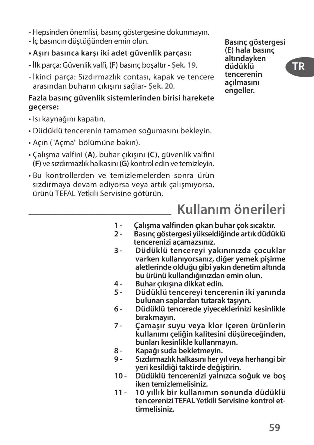 Tefal P4394835, P4394831 manual Kullanım önerileri 