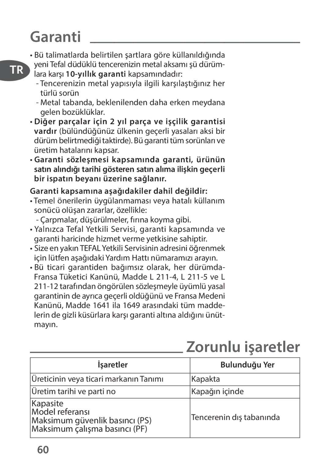 Tefal P4394831, P4394835 manual Garanti kapsamına aşağıdakiler dahil değildir, İşaretler Bulunduğu Yer 