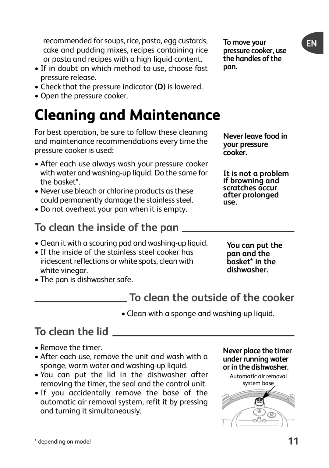 Tefal P4400631 manual Cleaning and Maintenance, To clean the inside of the pan, To clean the outside of the cooker 