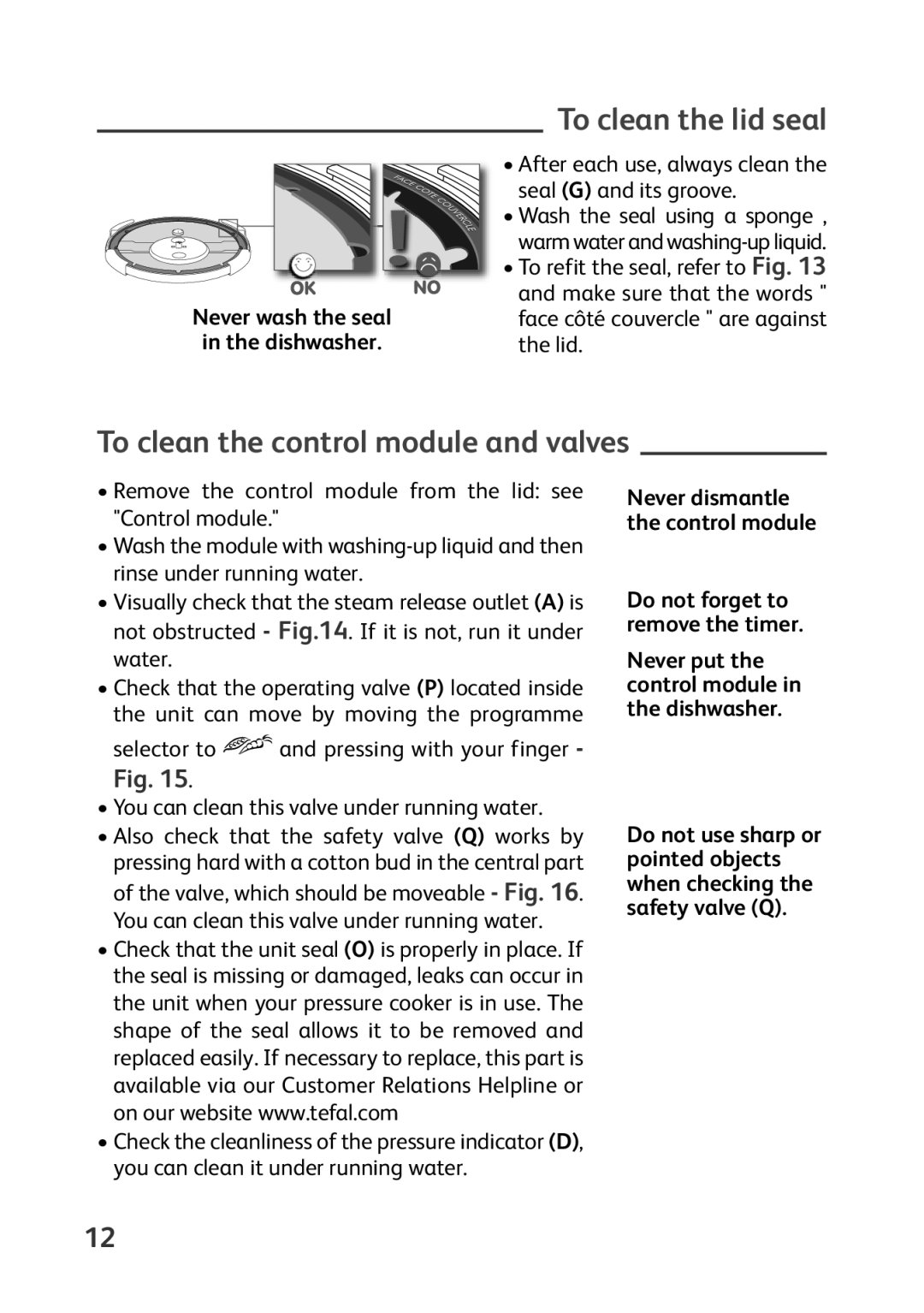 Tefal P4400631 manual To clean the lid seal, To clean the control module and valves 