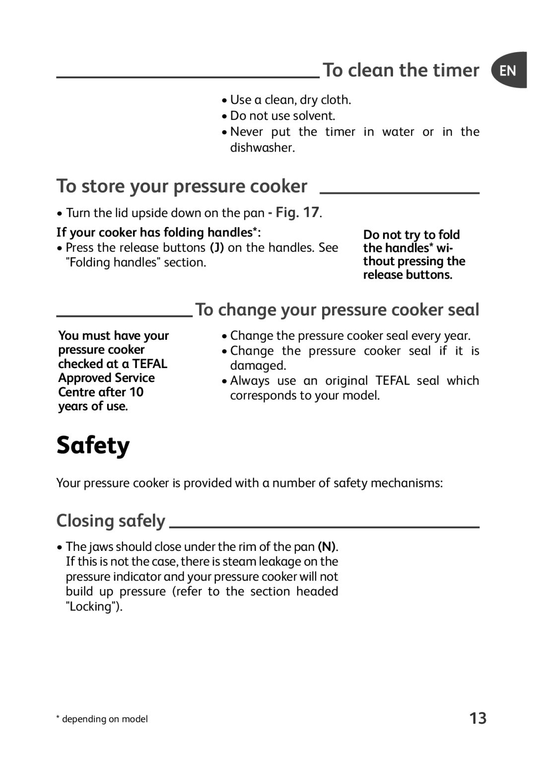 Tefal P4400631 manual Safety, To change your pressure cooker seal, Closing safely, If your cooker has folding handles 