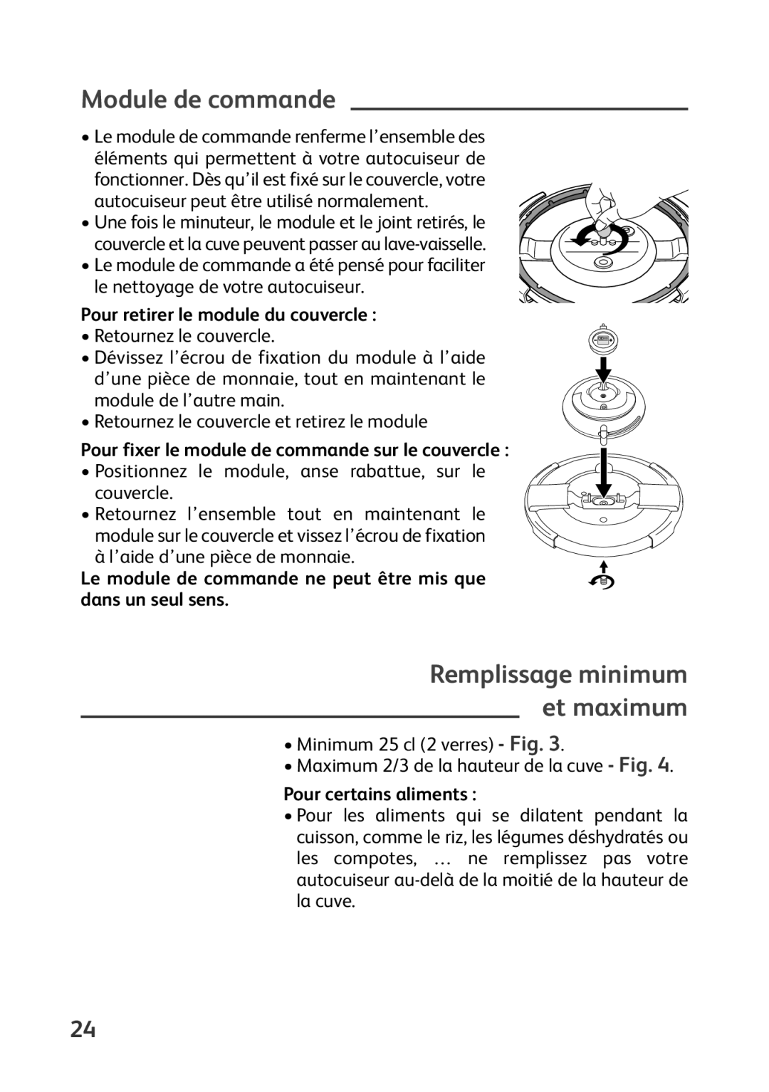 Tefal P4400631 manual Module de commande, Pour fixer le module de commande sur le couvercle, Pour certains aliments 