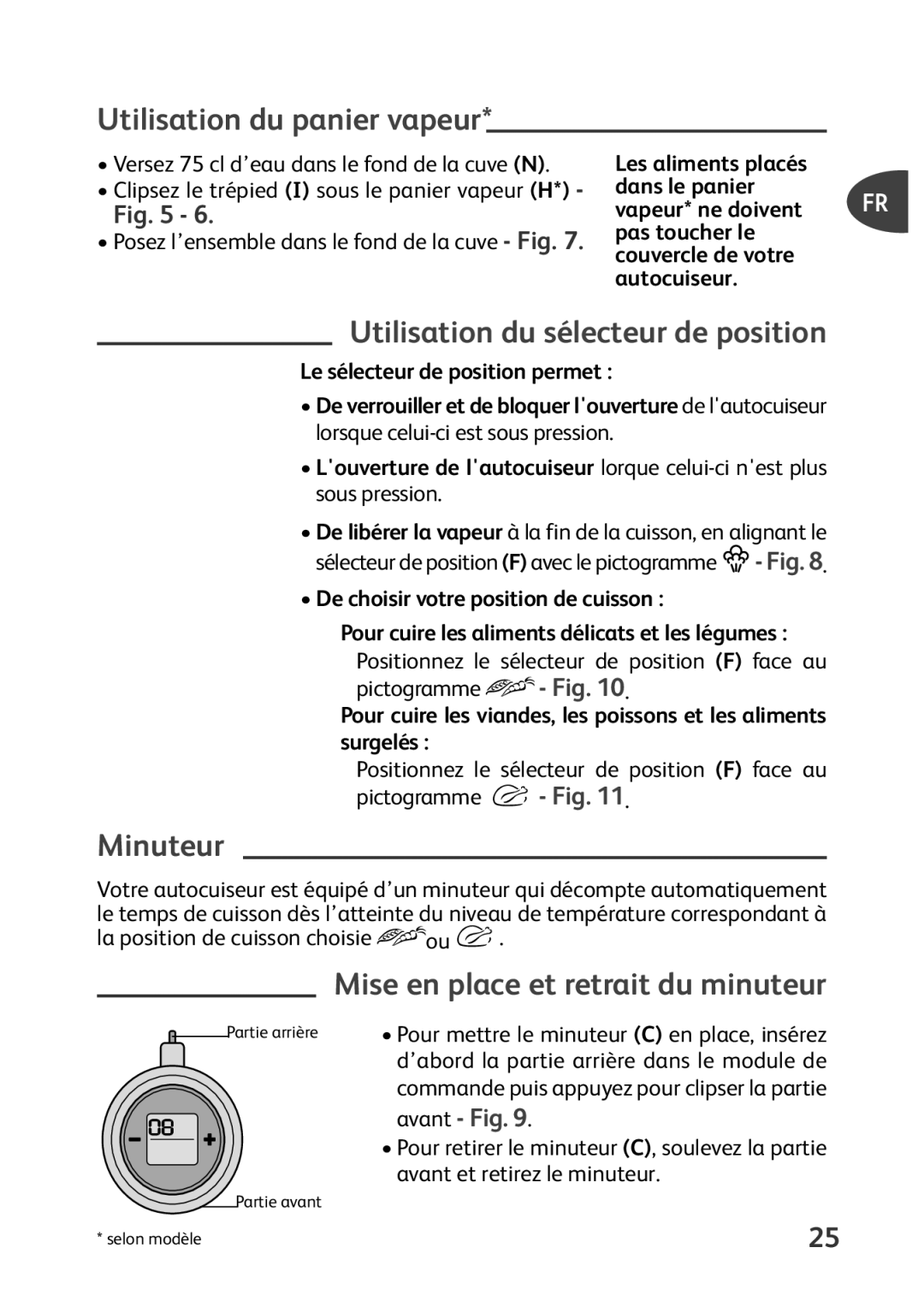 Tefal P4400631 manual Utilisation du panier vapeur, Utilisation du sélecteur de position, Minuteur 