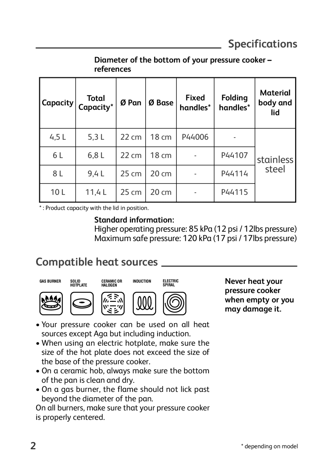 Tefal P4400631 manual Specifications, Compatible heat sources, Diameter of the bottom of your pressure cooker references 