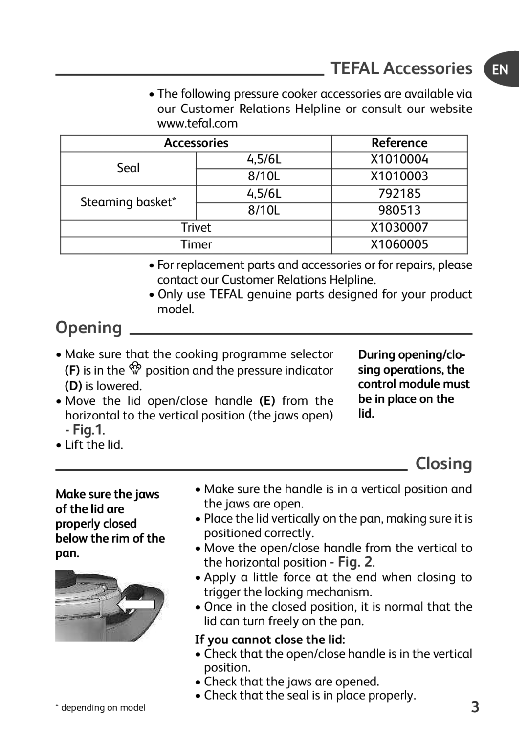 Tefal P4400631 manual Opening, Closing, Reference, If you cannot close the lid 