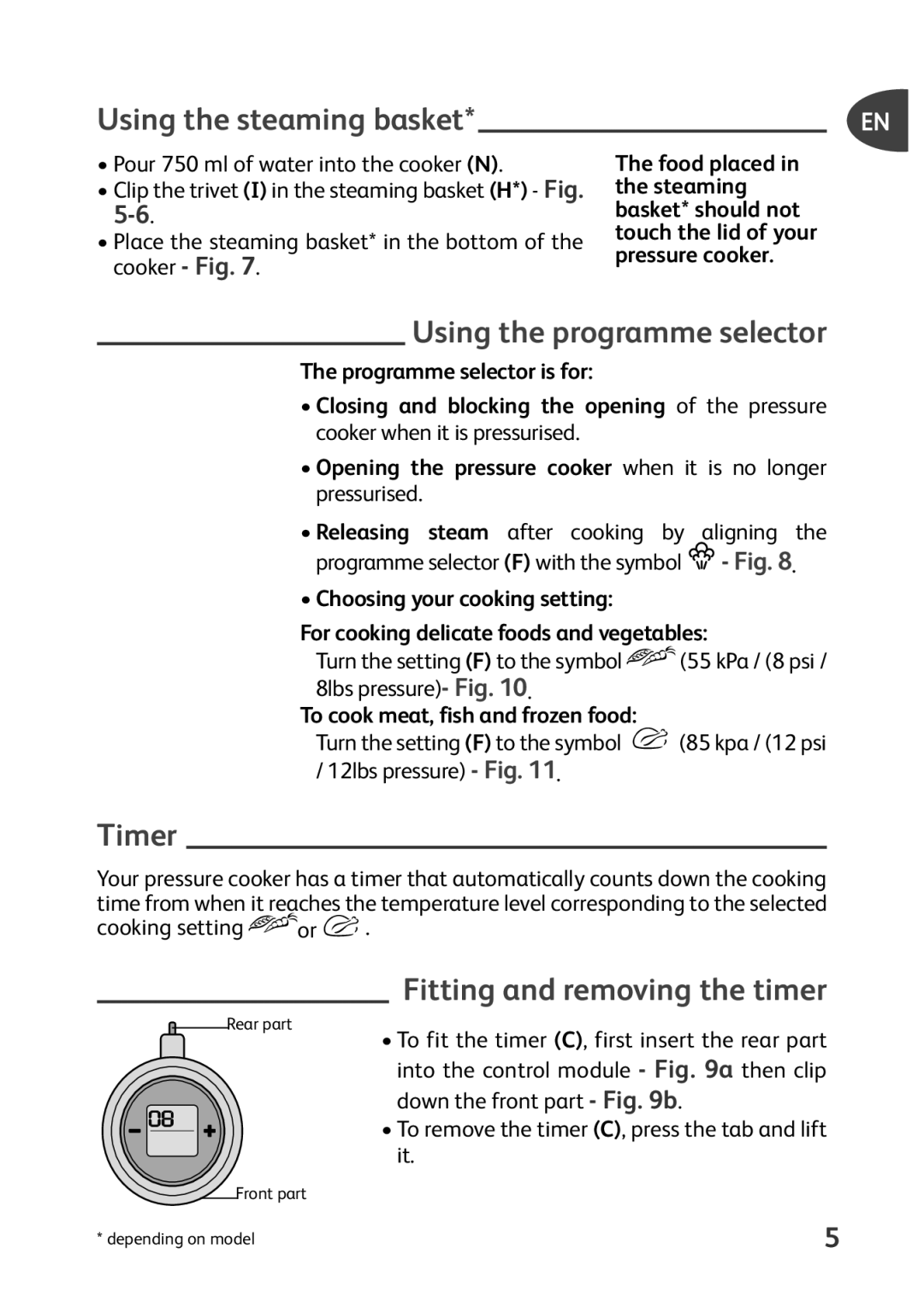 Tefal P4400631 manual Using the steaming basket, Using the programme selector, Timer, Fitting and removing the timer 