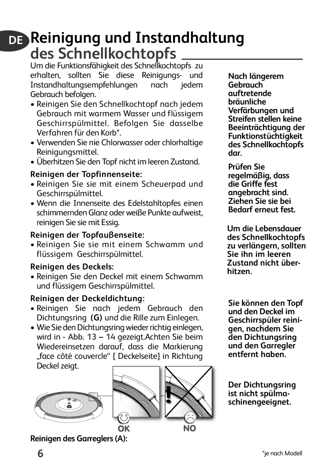 Tefal P4424735 manual DE Reinigung und Instandhaltung des Schnellkochtopfs 