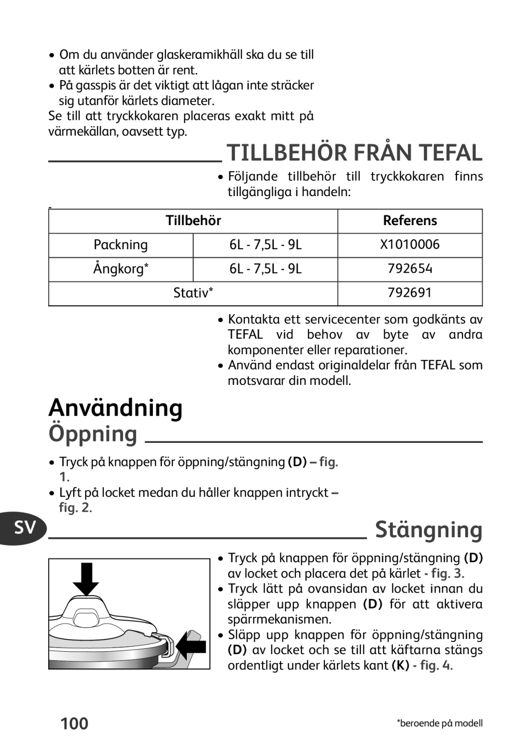 Tefal P4424735 manual Användning, Öppning, Stängning, Referens 