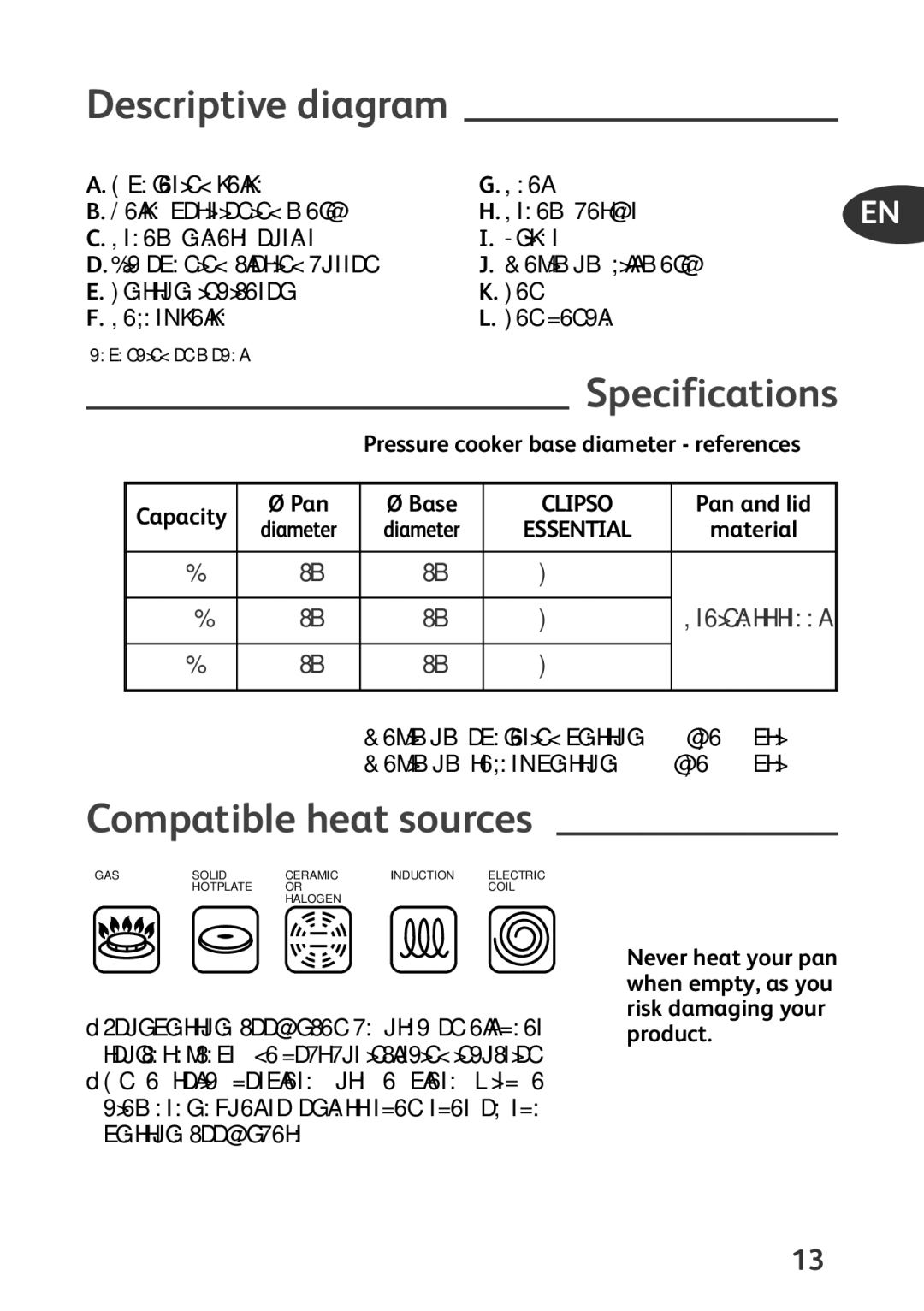 Tefal P4424735 manual Descriptive diagram, Specifications, Compatible heat sources 