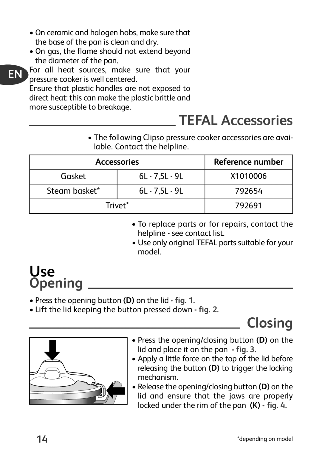 Tefal P4424735 manual Use, Tefal Accessories, Opening, Closing, Reference number 