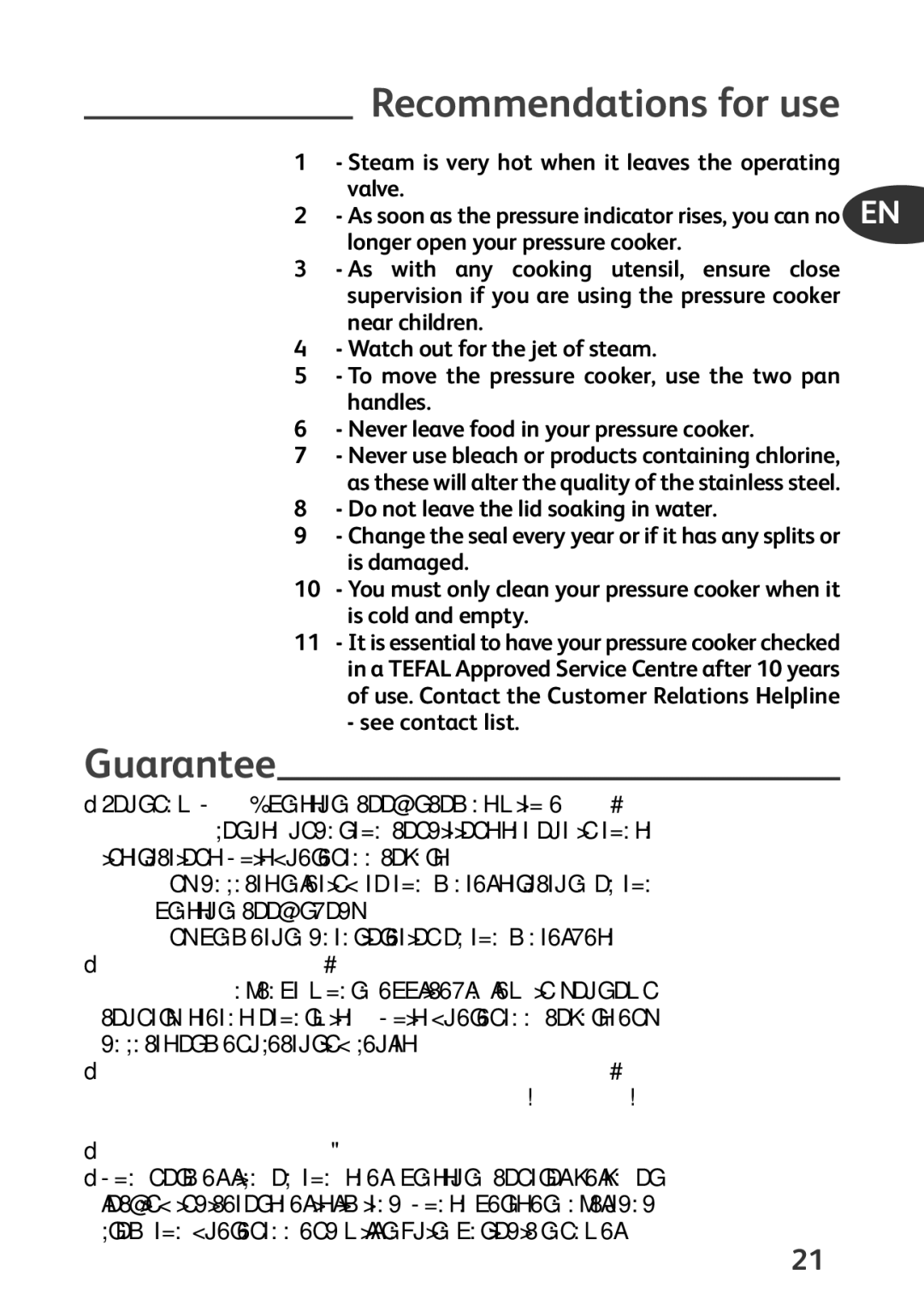 Tefal P4424735 manual Recommendations for use, Guarantee 