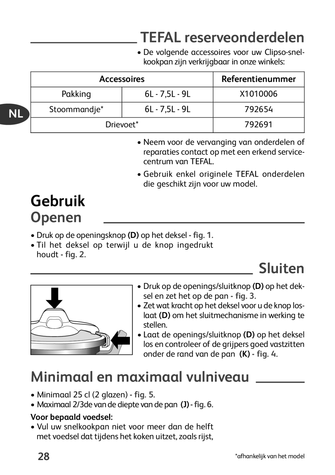 Tefal P4424735 manual Gebruik, Tefal reserveonderdelen, Openen, Sluiten, Minimaal en maximaal vulniveau 