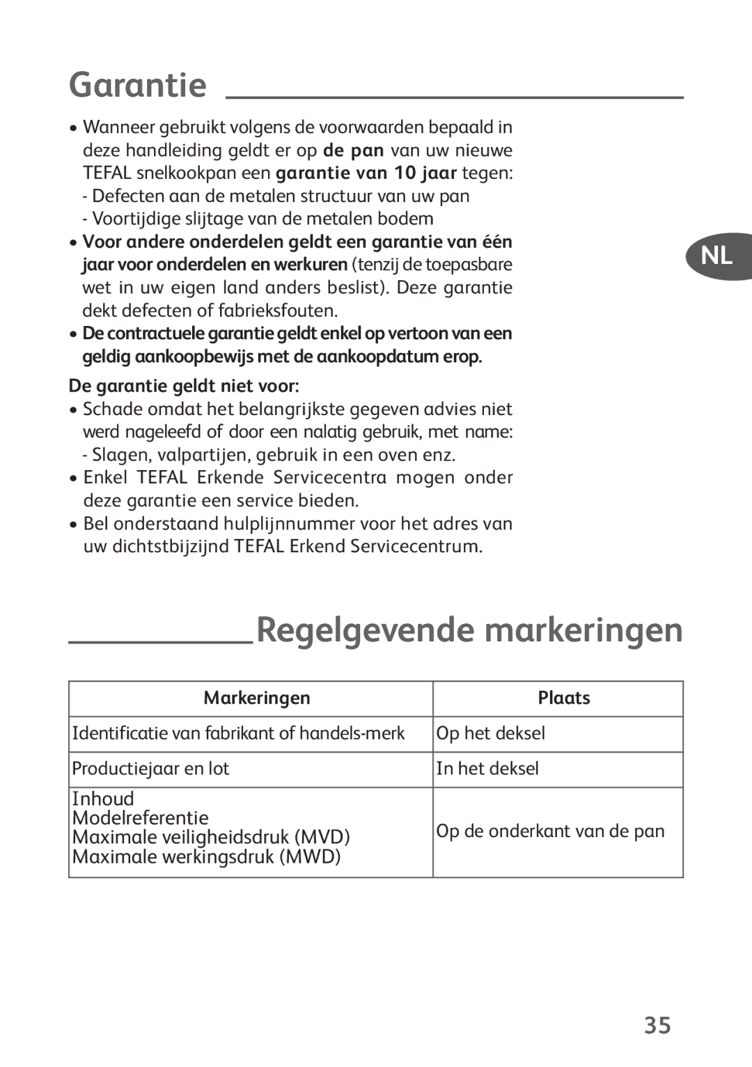 Tefal P4424735 manual Regelgevende markeringen, De garantie geldt niet voor, Markeringen Plaats, Op het deksel 