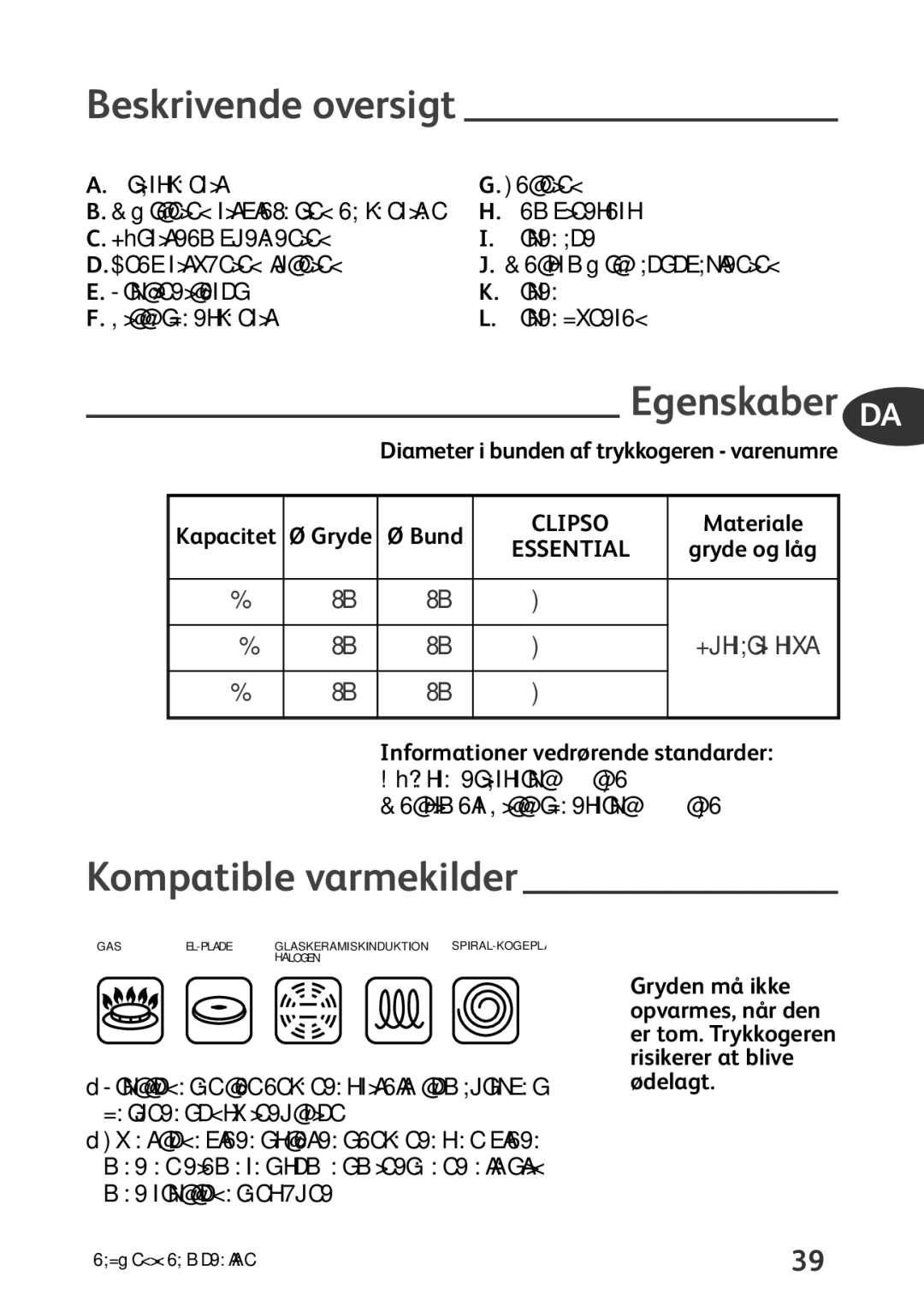 Tefal P4424735 manual Beskrivende oversigt, Kompatible varmekilder, Trykindikator Gryde Sikkerhedsventil Grydehåndtag 