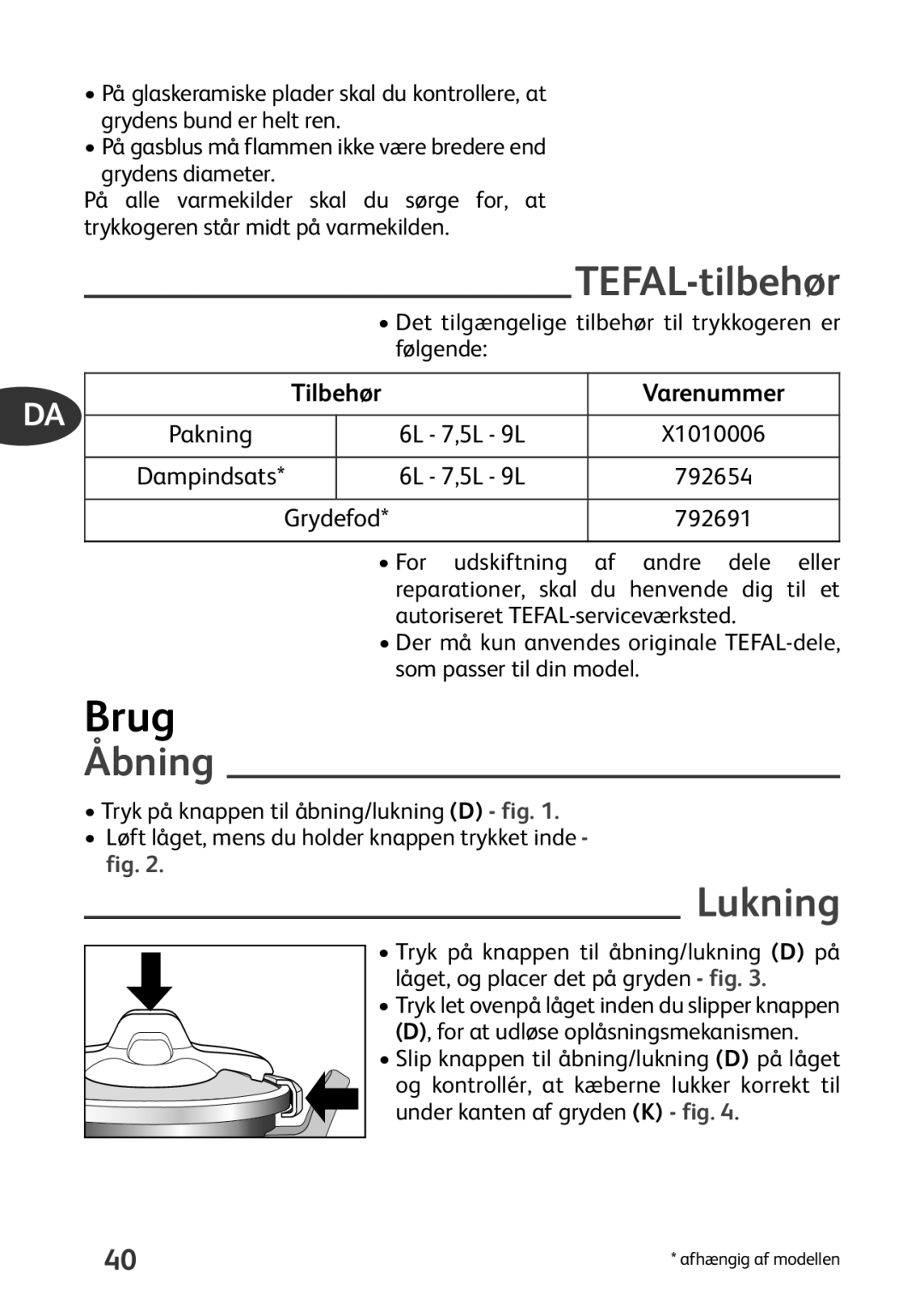 Tefal P4424735 manual Brug, TEFAL-tilbehør, Åbning, Lukning, Varenummer 